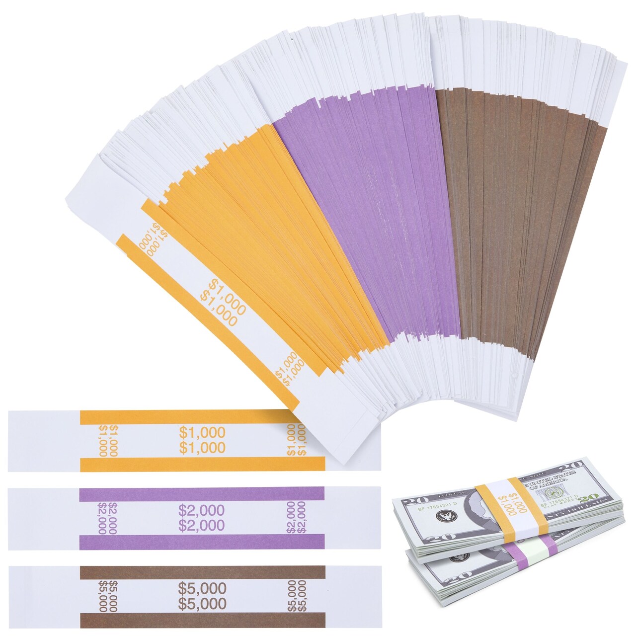 300-Pack Money Bands for Cash With Self-Adhesive Assorted Labels Including 1000, 2000, 5000, Currency Straps, Bill Wrappers for Home, Business Use, 3 ABA Standard Colors (7.5 x 1.25 x 0.1 Inches)